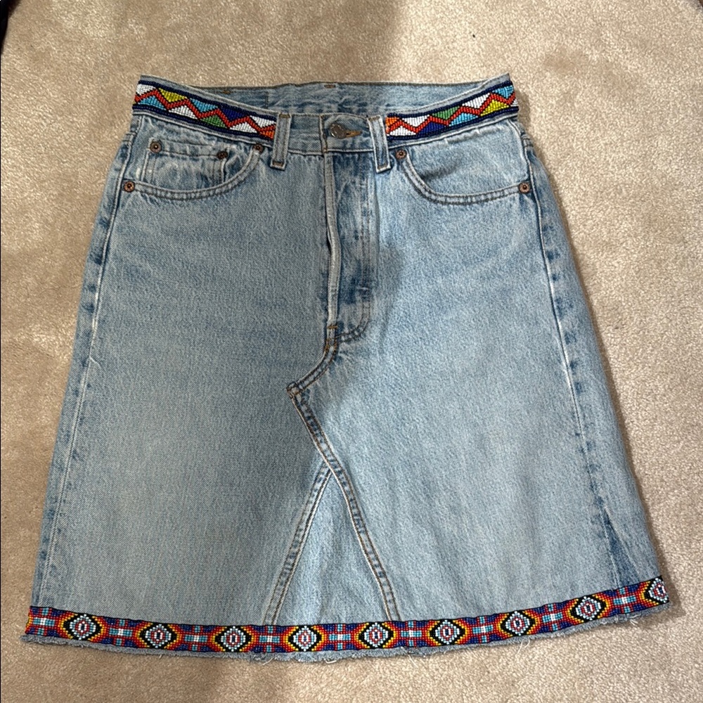 Vintage 90’s reworked Levi's beaded Embellished A-Line denim Skirt size 2